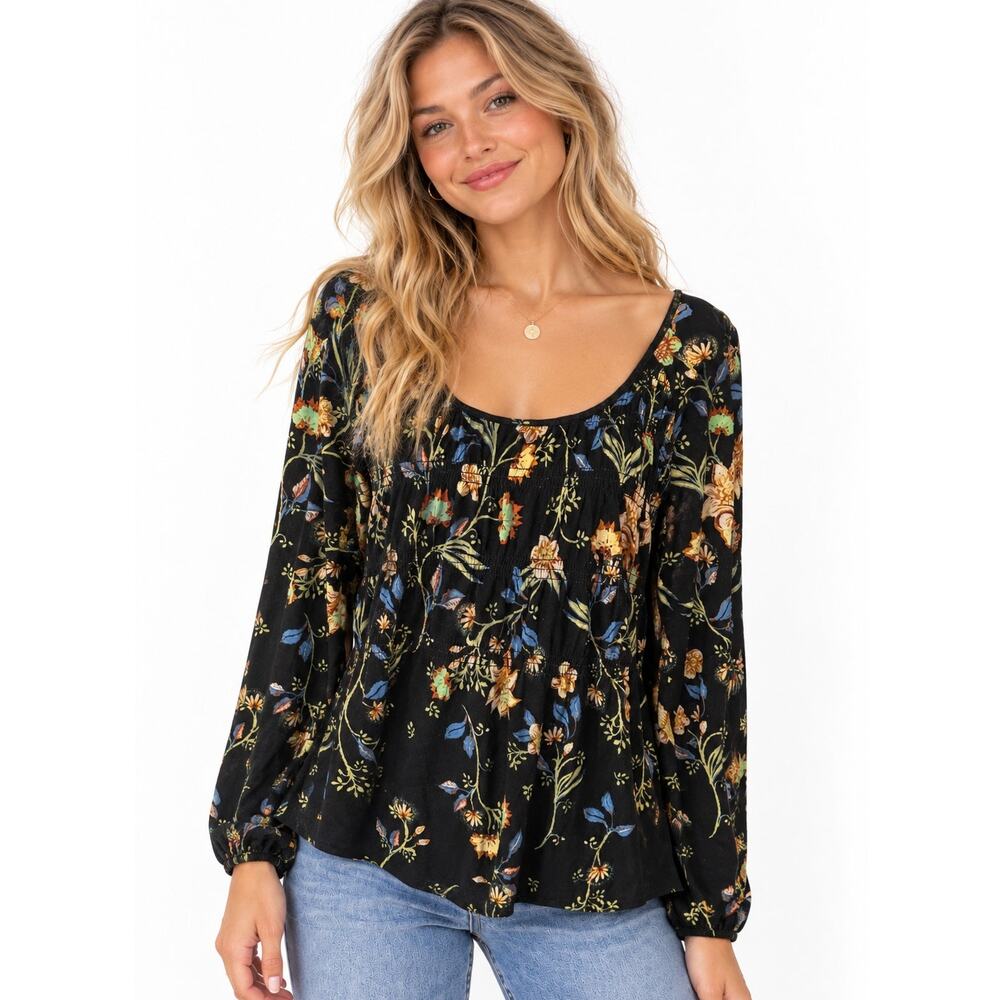 Free People Dahlia Print Top Womens Small Black Multicolor Smocked Knit Boho